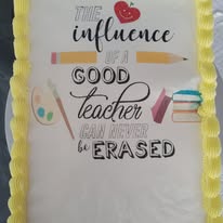 Rectangular image cake with a teacher-themed printed design and yellow frosting border